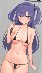 1girl afe. alternate_costume bikini black_bikini black_halo blue_archive breasts embarrassed hair_ornament halo long_hair looking_at_viewer mechanical_halo medium_breasts navel purple_eyes purple_hair solo swimsuit triangle_hair_ornament two_side_up yuuka_(blue_archive)