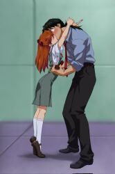 1boy 1girl amondetauro beard_stubble black_hair black_pants black_shoes blue_shirt blush facial_hair full_body green_skirt green_vest height_difference highres holding holding_pregnancy_test hug implied_pregnancy interface_headset_(evangelion) jewelry kaji_ryouji kiss long_hair marriage_proposal mature_male necktie neon_genesis_evangelion orange_hair pants ponytail pregnancy_test red_necktie ring school_uniform shirt shoes skirt socks souryuu_asuka_langley standing stubble tiptoe_kiss tiptoes tokyo-3_middle_school_uniform vest wedding_ring white_shirt white_socks wide-eyed