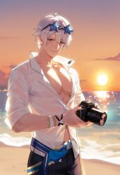 1boy ahoge backlighting beach belt black_pants blue-tinted_eyewear blue_belt blue_eyes bracelet camera center_opening closed_mouth cloud cloudy_sky collarbone collared_shirt commentary cowboy_shot english_commentary evening eyewear_on_head gradient_sky highres holding holding_camera honkai_(series) honkai_impact_3rd jewelry kevin_kaslana large_pectorals looking_at_viewer male_focus multiple_belts ocean official_alternate_costume orange_sky pants partially_unbuttoned pectoral_cleavage pectorals popped_collar purple_sky shinchora shirt shore short_hair sky smile solo star-shaped_eyewear star_(symbol) sunset three-quarter_sleeves tinted_eyewear toned toned_male two-handed very_short_hair wet wet_clothes wet_shirt white_hair white_shirt wristband