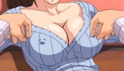 00s 1boy 1girl 2004 animated animated_gif blush bouncing_breasts breast_focus breasts brown_hair hetero housewife indoors kininaru_kimochi large_breasts long_hair lowres nipple_stimulation_through_clothes nipples no_bra okusan_(kininaru_kimochi) open_clothes ponytail rape removing_shirt sex shirt striped_clothes striped_shirt tagme undressing