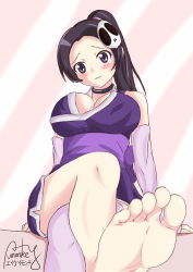 Rule 34 | 1girl, absurdres, arm warmers, artist request, barefoot, blush, breasts, choker, cleavage, crossed legs, elysia de lute ima, feet, female focus, foot focus, from below, hair ornament, highres, kami nomi zo shiru sekai, large breasts, long hair, looking at viewer, ponytail, pov, sitting, soles, solo, toes