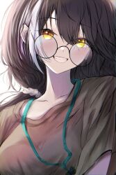 1girl black_hair breasts brown_shirt collarbone e20_(79324944) girls&#039;_frontline glasses heterochromia highres id_card light_blush long_hair looking_at_viewer multicolored_hair open_mouth orange_eyes ro635_(girls&#039;_frontline) shirt short_sleeves simple_background smile solo teeth two-tone_hair upper_body white_background yellow_eyes