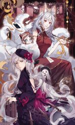 2girls absurdres animal_ear_fluff animal_ears armlet back_cutout bag blood bloody_weapon blunt_bangs bow cane card chibi chibi_inset china_dress chinese_clothes clothing_cutout cowboy_shot curly_hair dagger dress dress_bow ear_piercing earrings facial_mark floating floating_object floating_weapon fox_ears fox_tail frilled_dress frilled_sleeves frills from_side ghost hat hat_bow highres holding holding_bag holding_smoking_pipe icy_suluoluo jewelry kiseru knife lantern lantern_earrings long_hair long_sleeves looking_at_viewer medium_hair multiple_girls multiple_tails mysta_rias nail_polish nijisanji nijisanji_en nina_kosaka paper_lantern parted_lips piercing pink_eyes puffy_long_sleeves puffy_sleeves purple_dress purple_headwear red_dress red_eyes red_nails reimu_endou smile smoking_pipe sparkle tail tail_ornament virtual_youtuber wavy_hair weapon white_hair