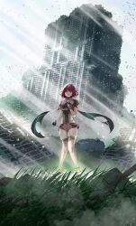 1girl breasts chest_jewel core_crystal_(xenoblade) full_body highres large_breasts on_grass outdoors pyra_(xenoblade) red_eyes red_hair red_shorts short_hair shorts solo standing tiara tngtaku wide_shot xenoblade_chronicles_(series) xenoblade_chronicles_2