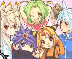 3boys 3girls :&lt; :3 :o ampharos animal_ears bad_id bad_pixiv_id blonde_hair blue_hair fox_ears gen_1_pokemon gen_2_pokemon gen_3_pokemon green_hair hitmonlee japanese_clothes latios legendary_pokemon magnemite meganium moemon multiple_boys multiple_girls ninetales nintendo oekaki one_eye_closed open_mouth orange_shirt overalls personification pokemon shirt smile starmie sweater usashiro_mani v wink