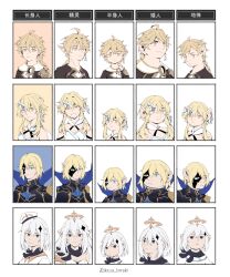 1boy 2boys aether_(genshin_impact) ahoge bare_shoulders black_mask blonde_hair blue_eyes blue_mask blush braid breasts brother_and_sister closed_mouth crystal_hair_ornament dainsleif_(genshin_impact) dress earrings feather_hair_ornament feathers flower genshin_impact gloves hair_between_eyes hair_flower hair_ornament half_mask halo high_collar jewelry kzsx_hiroki long_hair looking_at_viewer lumine_(genshin_impact) mask mask_over_one_eye multiple_boys mystical_high_collar paimon_(genshin_impact) romper scarf shirt short_hair short_hair_with_long_locks siblings smile white_dress white_flower white_hair white_romper white_scarf yellow_eyes