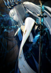 1girl absurdres black_crown black_dress black_gloves blue_eyes closed_mouth crown dark_background dress fate/grand_order fate_(series) gloves grey_hair highres holding holding_staff holding_weapon long_hair long_sleeves looking_at_viewer monlogi morgan_le_fay_(fate) morgan_le_fay_(queen_of_winter)_(fate) ponytail see-through_clothes see-through_veil sidelocks solo staff veil weapon