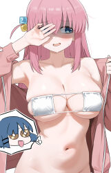 Rule 34 | 2girls, absurdres, armpits, bare shoulders, bikini, blue eyes, blue hair, blush, bocchi the rock!, bottomless, breasts, covering one eye, cube hair ornament, eyepatch bikini, gotoh hitori, hair between eyes, hair ornament, highres, jacket, large breasts, long hair, long sleeves, multiple girls, navel, one side up, open clothes, open jacket, open mouth, opened by self, partially shaded face, pink hair, pink jacket, shenqi xiaohuang, simple background, skindentation, spoken character, stomach, swimsuit, upper body, white background, white bikini, yamada ryo