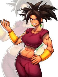 1girl abs black_eyes black_hair bracelet breasts curvy dragon_ball dragon_ball_super earrings hand_on_own_hip jewelry kefla_(dragon_ball) kuurantto large_breasts muscular muscular_female nails navel pants potara_earrings smile spiked_hair teeth