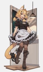Rule 34 | 1girl, ahoge, alternate costume, animal ear fluff, animal ears, apron, black bow, black pantyhose, blonde hair, boots, bow, breasts, cat cutout, cat ears, cat girl, cat tail, cleavage cutout, clothing cutout, dress, enmaided, facial mark, fang, frilled dress, frills, gloves, hair bow, highres, impossible clothes, indie virtual youtuber, long hair, looking at viewer, maid, maid apron, medium breasts, multicolored hair, paintrfiend, pantyhose, purple hair, red eyes, shyrei faolan, skin fang, solo, tail, two-tone hair, virtual youtuber, waist apron, whisker markings, white gloves