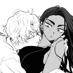 1boy 1girl alien_stage blush body_writing closed_eyes eyelashes greyscale head_on_chest hetero hug hyuna_(alien_stage) long_hair long_sleeves looking_at_another lubya luka_(alien_stage) monochrome parted_lips short_hair simple_background smile sweatdrop tank_top thick_eyebrows upper_body wavy_hair white_background