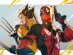 2boys beard bodysuit claw_(weapon) deadpool deadpool_&amp;_wolverine deadpool_(series) facial_hair gloves highres holding katana male_focus marvel marvel_cinematic_universe mask momoi_housuke multiple_boys muscular muscular_male red_bodysuit short_hair superhero_costume sword weapon wolverine_(x-men)