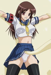 Rule 34 | 15 bishoujo hyouryuuki, armband, black legwear, brown hair, clenched teeth, clothes lift, highres, long hair, midriff, navel, panties, red eyes, restrained, school uniform, serafuku, skirt, skirt lift, stitched, teeth, tentacles, thighhighs, third-party edit, underwear, upskirt, white panties, yaguruma misao, yaguruma misao (15 bishoujo hyouryuuki)