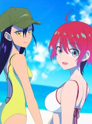 Rule 34 | 2girls, :d, absurdres, ahoge, amate yuzuriha, aqua eyes, ass, baseball cap, beach, bikini, black hair, blue sky, breasts, closed mouth, cloud, commentary, day, green hat, gundam, gundam gquuuuuux, hat, highres, large breasts, long hair, looking at viewer, looking back, multiple girls, na-suke, nyaan (gundam gquuuuuux), ocean, one-piece swimsuit, open mouth, outdoors, red hair, sky, smile, swimsuit, tongue, white bikini, yellow eyes, yellow one-piece swimsuit