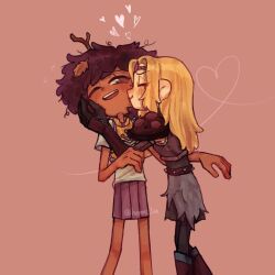 2girls amphibia anne_boonchuy armor blonde_hair blush breastplate brown_eyes brown_hair closed_eyes dark-skinned_female dark_skin fur_skirt heart hermi kiss kissing_cheek leaf leaf_on_head long_hair multiple_girls one_eye_closed open_mouth pantyhose pink_background pleated_skirt purple_skirt resistance_costume_(amphibia) sasha_waybright short_hair shoulder_armor signature skirt smile spiked_belt standing teeth upper_teeth_only yuri