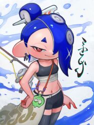 1girl blue_hair cowboy_shot ear_piercing eyeliner fishing_rod hair_ornament hair_over_one_eye hair_stick hand_on_own_hip looking_at_viewer makeup navel nintendo oekakirisuke piercing red_eyes shiver_(splatoon) shiver_(splatoon_raiders) shorts smile solo splatoon_(series) splatoon_raiders tank_top tentacle_hair thighhighs white_background