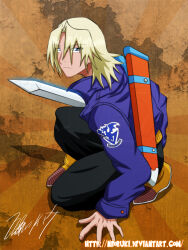 Rule 34 | 1boy, aonuma kiriha, blonde hair, cosplay, digimon, digimon xros wars, dragon ball, dragonball z, holding, holding weapon, male focus, outfit connection, solo, trunks (dragon ball), trunks (dragon ball) (cosplay), weapon