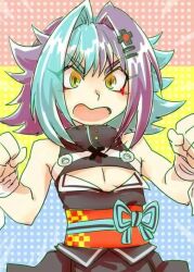 Rule 34 | 1boy, bakuten shoot beyblade rising, beyblade, blue hair, clenched hands, cosplay, crossdressing, crossdressing (mtf), detached sleeves, dress, hair intakes, hair ornament, hairclip, highres, kagami futsuki, kaguya luna, kaguya luna (cosplay), medium hair, miniskirt, open mouth, purple hair, skirt, solo, trap, upper body, v-shaped eyebrows, wrist cuffs, yellow eyes