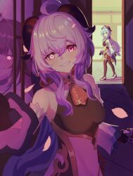 2girls absurdres ahoge bell black_gloves blue_hair bodystocking breasts commentary_request cowbell detached_sleeves different_reflection flower-shaped_pupils ganyu_(genshin_impact) genshin_impact gloves goat_horns grin highres honkai:_star_rail honkai_(series) horns long_hair looking_at_viewer medium_breasts multiple_girls neck_bell niadn_nb pelvic_curtain purple_eyes reflection smile sparkle_(honkai:_star_rail) symbol-shaped_pupils ueda_reina vision_(genshin_impact) voice_actor_connection