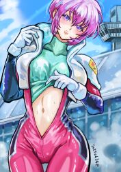 1girl 2025 absurdres blue_sleeves blue_sweater bodysuit clothes_lift cowboy_shot dated gloves gundam gundam_seed gundam_seed_destiny head_tilt highres lifting_own_clothes lunamaria_hawke mecha_pilot_suit midriff navel okrdisk2000 open_bodysuit open_clothes open_mouth pink_bodysuit pink_hair purple_eyes short_hair solo standing stomach sweater sweater_lift white_gloves