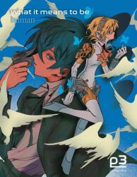Rule 34 | 1boy, 1girl, aigis (persona), android, animal, aqua eyes, aqua hair, bird, blonde hair, blue eyes, blue hair, bow, bowtie, bug, butterfly, closed mouth, english text, expressionless, gekkoukan high school uniform, gun, gun to head, hairband, headphones, holding, holding gun, holding weapon, insect, jacket, joints, pemprika, persona, persona 3, red bow, ribbon, robot joints, school uniform, short hair, silhouette, weapon, yuuki makoto (persona 3)
