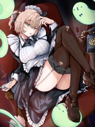 1girl absurdres animal_ears antique_phone apron ass black_choker black_dress breasts brown_hair brown_shoes brown_thighhighs choker commentary contrast_collar couch crossed_bangs crossed_legs dress frilled_apron frilled_dress frills garter_straps green_eyes hand_up highres holding holding_smoking_pipe indie_virtual_youtuber lace lace-trimmed_thighhighs lace_trim large_breasts long_sleeves looking_at_viewer maid_apron maid_headdress naplings_(nimi_nightmare) nimi_nightmare on_couch one_side_up open_mouth panties panty_peek punpond shoes sitting sleeve_cuffs smile smoking_pipe solo tapir_ears tapir_girl thighhighs torn_clothes torn_thighhighs underwear virtual_youtuber white_apron white_thighhighs