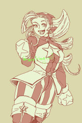 Rule 34 | 1girl, artist name, boxing gloves, breasts, capcom, drill hair, highres, justice gakuen, large breasts, legs, looking at viewer, monochrome, open mouth, smile, smirkingcat, solo, thick thighs, thighs, tiffany lords