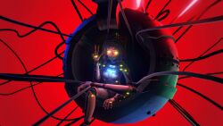 blue_hair cable cable_hair colored_skin core_mita_(miside) glowing glowing_eyes joints koishit_(artist) looking_at_viewer miside mita_(miside) peace_symbol robot robot_joints simple_background smile stylistic white_skin yellow_eyes