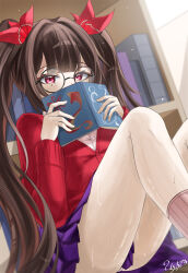 1girl absurdres alternate_costume book bookshelf brown_hair commentary_request glasses highres holding holding_book honkai:_star_rail honkai_(series) indoors knees_up long_hair looking_at_viewer morocha1130 open_mouth panties pantyhose purple_eyes purple_skirt red_sweater sitting skirt solo sparkle_(honkai:_star_rail) sweater twintails underwear very_long_hair white_panties white_pantyhose