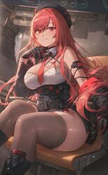 Rule 34 | 1girl, absurdres, bare shoulders, beret, black choker, black gloves, black hat, black jacket, black thighhighs, breasts, choker, closed mouth, clothes down, commentary request, free style (yohan1754), gloves, goddess of victory: nikke, hair intakes, hand up, hat, highres, indoors, jacket, korean commentary, large breasts, long hair, looking at viewer, off shoulder, rapi (nikke), rapi (red hood) (nikke), red eyes, red hair, sitting, smile, solo, tactical clothes, thighhighs, thighs
