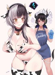 2girls absurdres alternate_costume animal_ears animal_print apron artist_name asymmetrical_horns bell bikini black_hair black_nails blush breasts cleavage collar colored_inner_hair cow_ears cow_horns cow_print cow_print_bikini cow_print_thighhighs cow_tail cowbell demon_horns ear_tag flower flying_sweatdrops gloves grey_hair hair_ornament highres hololive hololive_english horn_flower horns imminent_molestation kivo large_breasts long_hair mole mole_under_eye multicolored_hair multiple_girls naked_apron nerissa_ravencroft print_bikini print_thighhighs red_eyes shiori_novella side-tie_bikini_bottom sidelocks signature simple_background skindentation smile split-color_hair sweat swimsuit tail tassel tassel_hair_ornament thighhighs two-tone_hair uneven_horns virtual_youtuber white_background yellow_eyes