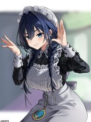 1girl absurdres apron artist_name black_dress blue_eyes blue_hair blurry blurry_background braid breasts double-parted_bangs dress frilled_apron frilled_wrist_cuffs frills hair_intakes hair_ribbon hands_up highres hololive hololive_english juliet_sleeves junarts large_breasts light_blush long_sleeves low_twin_braids maid_apron maid_headdress official_alternate_costume ouro_kronii ouro_kronii_(maid) pink_nails pocket_watch puffy_sleeves ribbon smile solo twin_braids virtual_youtuber watch wrist_cuffs