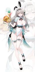 Rule 34 | 1girl, alternate costume, animal ears, aqua hair, black headband, black shoes, blush, breasts, burger, cleavage, commentary request, fake animal ears, firefly (honkai: star rail), food, french fries, frilled hairband, frills, full body, green eyes, grey hair, hair between eyes, hairband, hand up, headband, highleg, highleg leotard, highres, holding, holding tray, honkai: star rail, honkai (series), ice cream, ice cream cone, large breasts, lemonpear, leotard, long hair, looking at viewer, multicolored hair, open mouth, rabbit ears, shoes, shrug (clothing), strapless, strapless leotard, tray, very long hair, white hairband, white leotard, white wrist cuffs, wrist cuffs, zoom layer