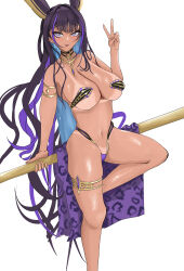 1girl absurdres animal_ears azur_lane bikini bikini_tan black_hair breasts cleopatra_(azur_lane) cleopatra_(stars_and_roses)_(azur_lane) dark-skinned_female dark_skin foot_out_of_frame gold_armlet gold_collar gold_thighlet highres jackal_ears jackal_girl large_breasts long_hair looking_at_viewer navel official_alternate_costume purple_hair purple_streaks solo standing standing_on_one_leg star-shaped_pupils star_(symbol) strapless strapless_bikini swimsuit symbol-shaped_pupils tan tanline uuu10aimuuu v very_long_hair