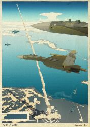 ace_combat ace_combat_04 aircraft airplane border commentary_request day f-4_phantom_ii fighter_jet fine_art_parody flying highres military military_vehicle missile missile_trail nihonga no_humans ocean outdoors parody su-37 ukiyo-e yuukou