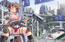 3girls :p ak-47 assault_rifle black_hair blue_eyes blush boots box_truck bra breasts brown_hair bus car cat cleavage destruction fingerless_gloves gloves gun hase_yu kalashnikov_rifle knee_pads lingerie motor_vehicle multiple_girls original overgrown ponytail post-apocalypse rifle road_sign ruins shirt sign sitting skirt spread_legs thigh_strap thighs tongue tongue_out train truck underwear weapon wet wet_clothes wet_shirt