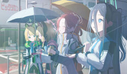 4girls absurdres after_rain animal_ear_headphones animal_ears aoiromya aqua_eyes aqua_halo aris_(blue_archive) backpack bag black_hairband black_shorts black_skirt black_thighhighs blonde_hair blue_archive blue_necktie blunt_bangs blush bow braid breath buttons can cat_ear_headphones cat_ears cellphone closed_eyes coat collared_shirt commentary_request cupping_hand fake_animal_ears forehead frilled_skirt frills game_development_department_(blue_archive) green_bow green_coat green_eyes green_halo green_trim grey_hair hair_between_eyes hair_bow hairband halo handheld_game_console headphones highres holding holding_can holding_handheld_game_console holding_phone holding_umbrella hood hood_down hooded_coat long_bangs long_hair long_hair_between_eyes long_sleeves low-tied_sidelocks medium_hair midori_(blue_archive) momoi_(blue_archive) multicolored_coat multiple_girls necktie one_side_up open_clothes open_coat open_mouth orange_coat outdoors parted_bangs parted_lips phone pink_bow pink_coat pink_eyes pink_halo pink_trim pleated_skirt profile puffy_long_sleeves puffy_sleeves red_hair ringed_eyes school_uniform shared_umbrella shirt short_shorts shorts siblings sidelocks sisters skirt smartphone standing teeth thighhighs twins umbrella untucked_shirt upper_teeth_only very_long_hair water_drop white_bow white_coat white_shirt wide_sleeves yellow_halo yuzu_(blue_archive)