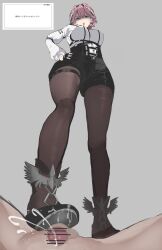absurdres black_gloves black_pantyhose blue_eyes breasts cum femdom fingerless_gloves footjob gloves hair_between_eyes hairband head_wings hetero high-waist_shorts high_heels highres hololive large_breasts long_sleeves pantyhose pantyhose_under_shorts penis pink_hair pink_wings puffy_long_sleeves puffy_sleeves shirt shoe_soles shoejob shoes short_hair shorts stepped_on takane_lui takane_lui_(1st_costume) thighhighs trampled trampled_penis trampling trampling_penis user_fzrm8352 virtual_youtuber white_shirt wings