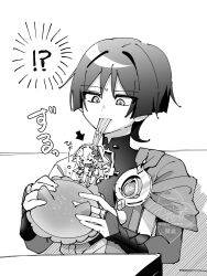 !? &gt;_&lt; 1boy 1girl anemo_symbol_(genshin_impact) armor arms_at_sides arrow_(symbol) barefoot blunt_ends bridal_gauntlets burger cape clothes_in_mouth detached_sleeves dress eating food gem genshin_impact greyscale hair_between_eyes hair_intakes highres holding holding_food japanese_armor japanese_clothes kimono kote long_hair looking_at_another looking_down middle_ring mini_person minigirl monochrome nahida_(genshin_impact) oishii_sasa open_clothes open_hands open_kimono pointy_ears pom_pom_(clothes) scaramouche_(genshin_impact) side_ponytail sidelocks sitting table twitter_username vision_(genshin_impact) wanderer_(genshin_impact) watermark wispy_bangs