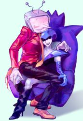 Rule 34 | 1boy, 1girl, ant tenna, arm around neck, artist name, black boots, black lips, black pants, blue gloves, blush, boots, breasts, cleavage, collarbone, crt, deltarune, gloves, grin, hand on another&#039;s knee, hashtag-only commentary, highres, homuku, mole, mole above mouth, necktie, object head, pants, pointy nose, queen (deltarune), shoes, sitting, sitting on lap, sitting on person, sitting on throne, smile, sweat, tailcoat, textless version, throne, white gloves, yellow necktie, yellow shoes