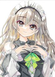 1girl 9-nine- absurdres bare_shoulders black_dress blue_eyes bow bowtie breasts brown_hair closed_mouth commentary_request derivative_work detached_collar detached_sleeves dress dress_bow eyelashes eyes_visible_through_hair frilled_sleeves frills green_bow grey_bow grey_bowtie hair_between_eyes highres kare_yousei kujou_miyako large_breasts long_hair long_sleeves maid maid_headdress nine_ball_maid_uniform official_alternate_costume sidelocks simple_background sleeveless sleeveless_dress smile solo traditional_media upper_body very_long_hair white_background