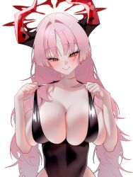 1girl absurdres agnamore alternate_costume black_one-piece_swimsuit blue_archive blush breasts cleavage collarbone demon_horns halo highres horns huge_breasts long_hair looking_at_viewer mole mole_on_breast multicolored_horns one-piece_swimsuit pink_hair red_horns satsuki_(blue_archive) slit_pupils smile solo swimsuit veins veiny_breasts white_background yellow_eyes