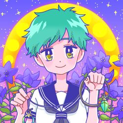 Rule 34 | 1girl, closed mouth, collarbone, eyelashes, fingernails, flower, fujishima moyu, green hair, grey neckerchief, highres, holding, holding rope, looking at viewer, neckerchief, original, purple flower, rope, sailor collar, school uniform, shirt, short hair, short sleeves, sky, smile, solo, star (sky), starry sky, upper body, white shirt, yellow eyes