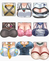 Rule 34 | 6+girls, absurdres, anila (granblue fantasy), annotated, arknights, aurora (arknights), blaze (arknights), breasts, cleavage, cleavage cutout, clothing cutout, commentary, covered erect nipples, english commentary, eyjafjalla (arknights), eyjafjalla (summer flower) (arknights), feater (arknights), granblue fantasy, head out of frame, highres, large breasts, ling (arknights), medium breasts, mintmosse, muelsyse (arknights), multiple girls, outside border, typhon (arknights), whisperain (arknights)