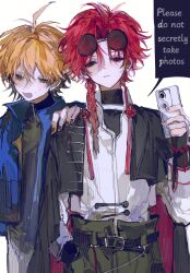 Rule 34 | 2boys, ahoge, belt, black belt, black hair, black jacket, black nails, black pants, black shirt, blonde hair, blue jacket, bracelet, braid, braided ponytail, cellphone, chinese commentary, chinese knot, collared shirt, cowboy shot, earrings, english text, eyewear on head, grey pants, hair between eyes, hand in pocket, hand on another&#039;s shoulder, highres, holding, holding phone, jacket, jacket on shoulders, jewelry, long hair, long sleeves, looking at viewer, male focus, multicolored hair, multiple boys, nail polish, open mouth, pants, parted lips, phone, red eyes, red hair, shiguang dailiren, shirt, short hair, simple background, single braid, single earring, sketch, sleeves past wrists, smartphone, speech bubble, standing, sunglasses, sweat, tassel, tassel earrings, turtleneck, two-sided fabric, white background, white shirt, xia fei, xiao weiying, xinjinjumin507774888799, yaoi, yellow eyes