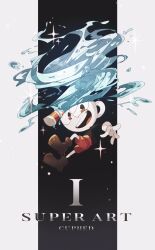 1boy :d ankle_boots aya_(ayamenora) bendy_straw black_background black_mouth black_shirt boots brown_boots commentary_request cup cuphead cuphead_(game) drinking_straw english_text fewer_digits full_body gameplay_mechanics gloves highres long_sleeves looking_at_viewer male_focus object_head open_mouth outside_border pac-man_eyes pillarboxed red_eyes red_shorts shirt shorts simple_background smile solo sparkle teeth tongue uneven_eyes upper_teeth_only white_gloves