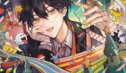 Rule 34 | 1boy, banana peel, bandaged hand, bandages, biddybuggy, black jacket, blooper (mario), boo (mario), bunting, castle, coin, collared shirt, commentary request, crossover, green eyes, head rest, headband, highres, jacket, kenmochi touya, looking at viewer, male focus, mario (series), mario kart, nijisanji, nintendo, open mouth, pennant, red headband, red shell (mario), red yoshi, shirt, solo, string of flags, super star (mario), teeth, tsuta1218, upper body, virtual youtuber, yoshi