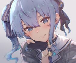 Rule 34 | 1girl, ascot, barichieiro, beret, black choker, black gloves, blue ascot, blue eyes, blue hair, brooch, choker, closed mouth, gloves, hair ribbon, hat, highres, hololive, hoshimachi suisei, jewelry, looking at viewer, partially fingerless gloves, plaid clothes, plaid shirt, ribbon, shirt, side ponytail, smile, solo, star (symbol), star brooch, star choker, star in eye, symbol in eye, upper body, virtual youtuber