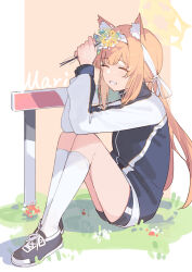 1girl absurdres animal_ears bilibalakonglijiwa blue_archive blue_jacket blue_shoes blue_shorts blush character_name closed_eyes commentary elbow_on_knee english_commentary flower fox_ears full_body gym_uniform hairband halo highres holding holding_flower jacket knees_up long_hair long_sleeves mari_(blue_archive) mari_(track)_(blue_archive) official_alternate_costume on_grass shoes shorts sitting smile socks solo white_hairband white_socks yellow_halo