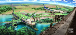 aircraft airplane airport all_nippon_airways car cloud day highres jet_airliner motor_vehicle no_humans ocean original overgrown post-apocalypse ruins scenery sky tokyogenso tree truck vehicle_focus water